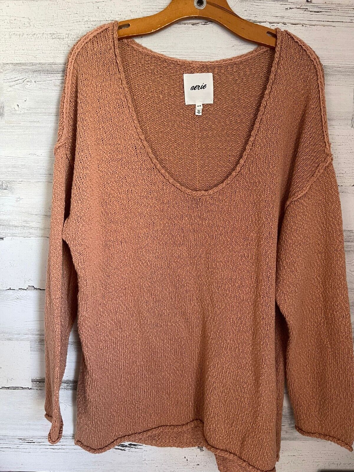 Primary image for Aerie Sweater Women's Size Medium Tan Knit Scoop Neck Long Sleeve Pullover Peach