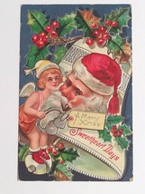 Merry Christmas Xmas Sweetheart Series Santa Holly Silver Embossed Postcard 1909 - £11.72 GBP