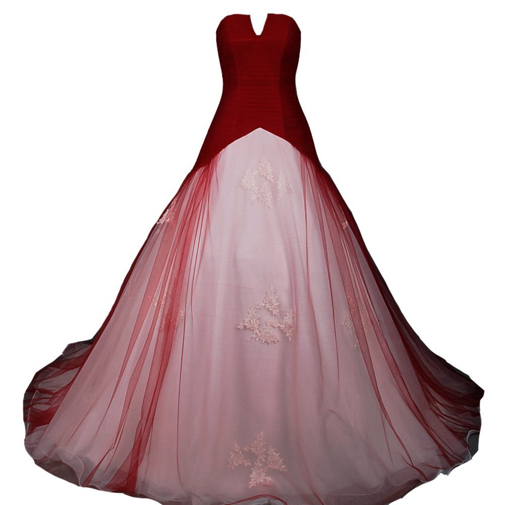 Kivary White and Wine Red Tulle Simple Corset Bridal Wedding Dresses US 16