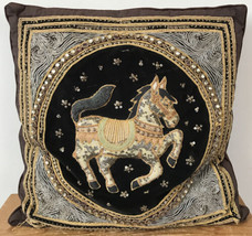 Vtg Middle Eastern Beaded Sequin Velvet Fabric Embroidered Horse Throw Pillow - £63.86 GBP