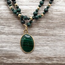 Vintage Green Faux Malachite Beaded Necklace with Pendant and Gold Tone Accents - $24.49