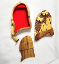 Pair of Hoot Owls CARVER DANS Solid Wood Puzzle Trinket Box Lined Vietnam - £25.23 GBP