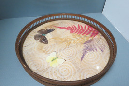 Vintage MCM 11&quot; Bamboo Round Butterflies Ferns Under Glass Drink Serving Tray - £11.16 GBP