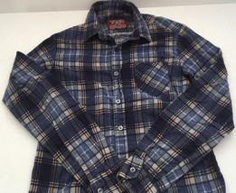 Boys youth button long sleeve blue plaid vintage  flannel shirt long tail - $27.08 CAD