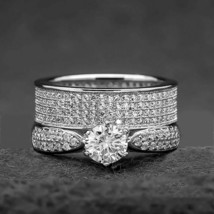 Wedding Ring 2 piece Engagement Set Solitaire Moissanite 14K White Gold Plated - £94.93 GBP