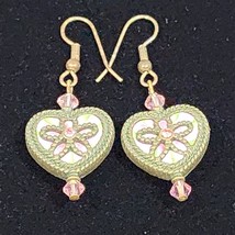 Art Deco Floral Heart Drop Dangle Antiqued Brass Colored French Hook Ear... - £11.54 GBP