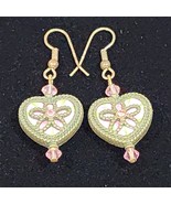 Art Deco Floral Heart Drop Dangle Antiqued Brass Colored French Hook Ear... - $20.35 CAD