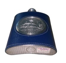 Vintage Merlion Singapore Flask Dragon Pewter Leather Wrap w/ Box 5"x4" image 6