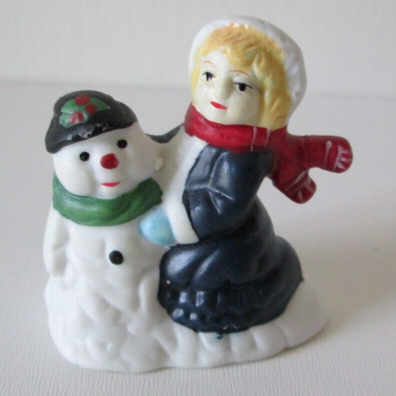 Primary image for Vintage Porcelain Bisque Christmas Village Figurine, Child & Snowman Black Hat