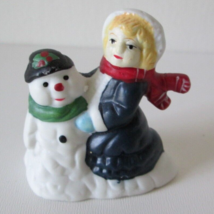 Vintage Porcelain Bisque Christmas Village Figurine, Child &amp; Snowman Black Hat - £6.31 GBP