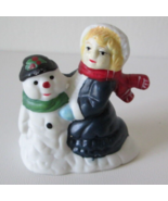 Vintage Porcelain Bisque Christmas Village Figurine, Child &amp; Snowman Bla... - £6.21 GBP