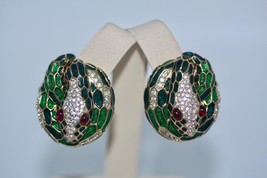 Vintage JUDITH LEIBER Gold Crystal Accent Green Enamel Coiling Snake Earrings - £375.23 GBP