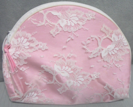 Zipper Cosmetic Makeup Bag Vintage Houbigant Paris Pink White Lace - $8.86
