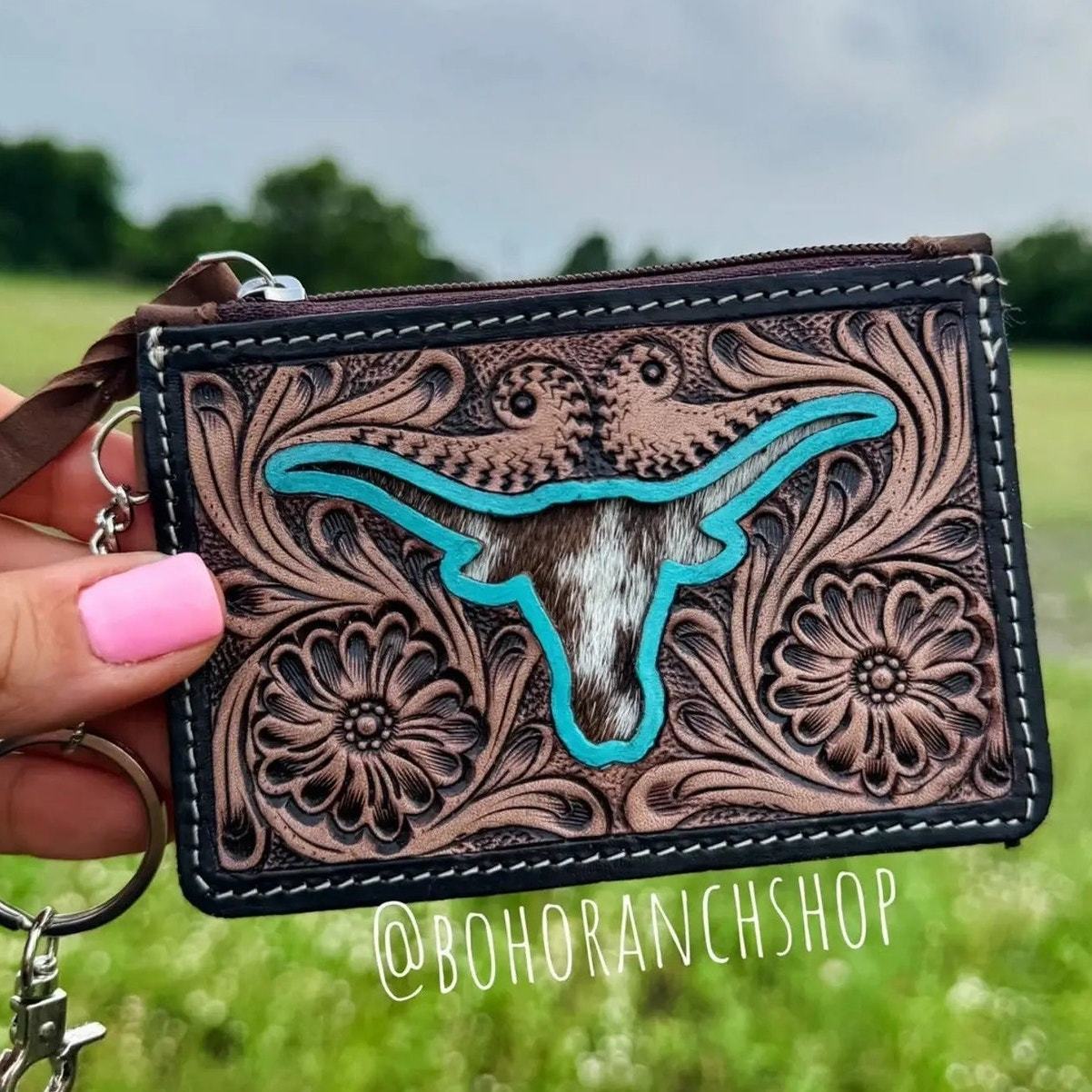 Longhorn Western Cowhide Tooled Leather Keychain Wallet - $23.76