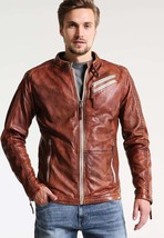 Men&#39;s Brown Leather Jacket Biker Motorcycle Genuine Leather Jacket #17 - $178.19