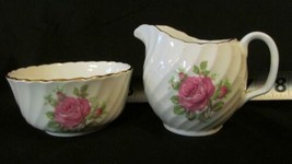 Adderley, England,  Mini Creamer &amp; Open Sugar Pink Roses Gold Trim, Bone China - £7.46 GBP