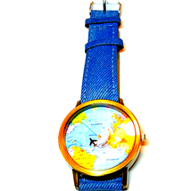 Highly collectible denim world map watch with airplane for the second hand. - £24.13 GBP