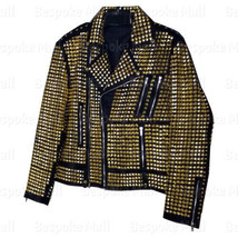 New Woman Full Gold Punk Studded Brando Style Black Bike Leather Jacket-119 - £330.64 GBP