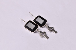 Rhodium Polished Handcrafted Square Black Onyx Bezel Cross Earrings Women - £22.60 GBP