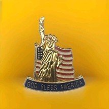 God Bless America Pin USA Patriotic Statue Of Liberty Flag Gold Tone Enamel - £9.68 GBP