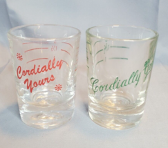 Hazel Atlas Cordially Yours Shot Jigger Shooter Glass Set of 2 Red &amp; Green - $17.77