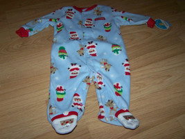 Infant Size 0-3 Months Blue Holiday Fleece Footed Sleeper Santa Deer Sno... - $12.00