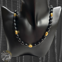 Womens Signed Napier Black and Gold Oblong Beaded Necklace Vintage Jewelry - $23.00