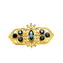 Vintage 1928 Bar Brooch, Gold Tone with Blue Crystals, Elegant Collar or Lapel - £22.06 GBP