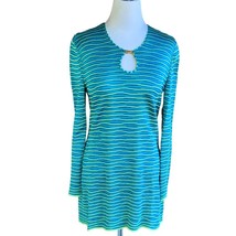 ST. JOHN LADIES LS KEYHOLE TURQUOISE STRIPED TOP TUNIC SWEATER BLOUSE SMALL - $72.39