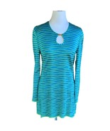 ST. JOHN LADIES LS KEYHOLE TURQUOISE STRIPED TOP TUNIC SWEATER BLOUSE SMALL - £56.69 GBP