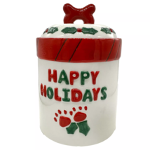 NEW Woof Happy Holidays Christmas Ceramic Pet Dog Treat Jar w/ bone lid ... - $11.95