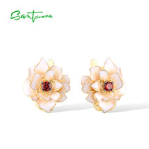 925 Sterling Silver Earrings For Women Gold Color White Lotus Flower Garnet Cubi - £91.71 GBP