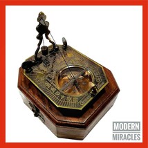 Antique Brass Sundial Compass 2&quot; Brass Navigation Compass with Wooden Box gift - £31.09 GBP