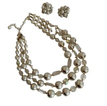 Vintage Faux Pearl Crystal Glass Triple Strand Necklace Earrings Clip On Japan  - £19.45 GBP