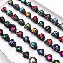 Wholesale Bulk Lot 20pcs Glass Gem Metal Black Not Fade Jewelry Rings For Men Wo - £19.80 GBP