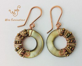 Handmade copper earrings: wire wrapped shell donut with matte copper beads - $24.00