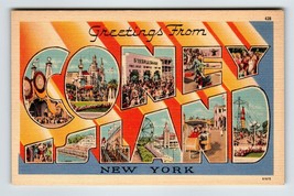 Greetings From Coney Island New York Large Letter Linen Postcard Unused Acacia - £22.38 GBP