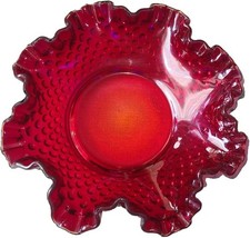 Fenton Ruby Red 7 1/2 Wide 2 1/2 Tall Ruffled Hobnail Glass Dish - $29.89