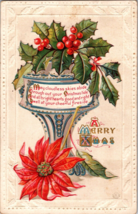 c1910 Christmas postcard Holly Vase Poem Poinsettia a1 - £17.76 GBP