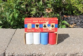 VTG Lucky 100 Interlocking Red White Blue Plastic Poker Chips USA Washab... - $10.99