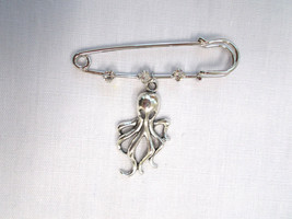 2&quot; Pin Brooch W 3 Crystals &amp; By The Sea - Oc EAN Octopus Charm Alloy Drop Dangle - £4.77 GBP