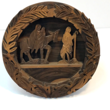 Holy Family Mary Jesus Joseph Shadow Box Hand Carved Wood Tabletop Round Decor - £19.35 GBP