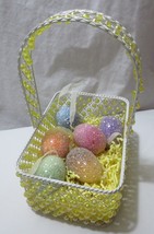 6 Sugar covered Easter Egg ornaments and Metal  beaded basket - £23.60 GBP