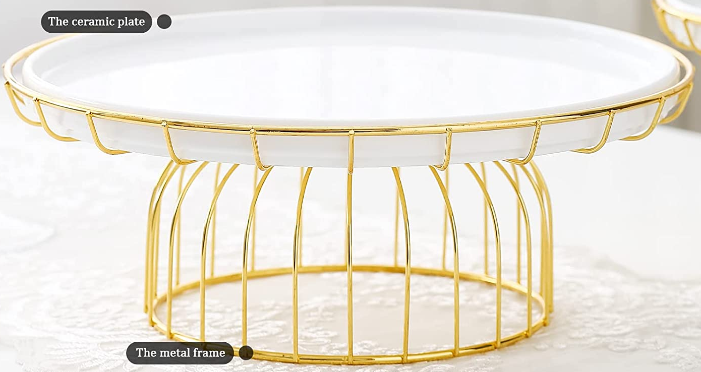 NEW Cake Display Stand Decorative Holder gold metal w/ white ceramic pla... - $17.95