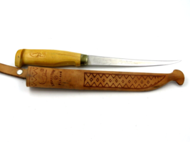 Vintage J. Marttiini Rapala Fillet Knife Engraved Blade Leather Sheath Finland - £6.96 GBP