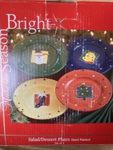 Make the Season Bright 4 Hand Painted Salad/Dessert Plates Mitten tree S... - $17.59