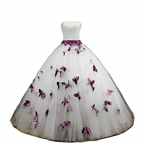 Ball Gown Butterfly Pearl Long Prom Formal Wedding Dress 8 White and Dark Plum