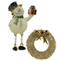 2 Gold Tone Christmas Brooch Pins Rhinestone Wreath Moving Snowman Jewelry - £7.76 GBP