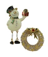 2 Gold Tone Christmas Brooch Pins Rhinestone Wreath Moving Snowman Jewelry - $9.88