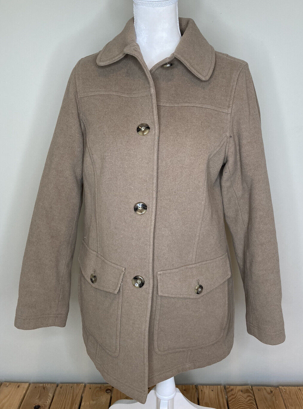 Primary image for LL Bean Women’s Button Up wool Pea Coat Size S In Tan HG